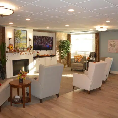 Cozy living lounge with white armchairs arranged around a fireplace and wall-mounted TV, autumn decor on the mantel and potted plants.